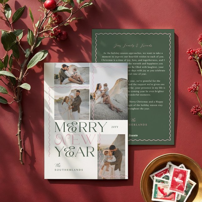 Merry New Year Wavy Modern Minimal 4 Photo Collage Holiday Card (Merry New Year Wavy Modern Minimal 4 Photo Collage Holiday Card)