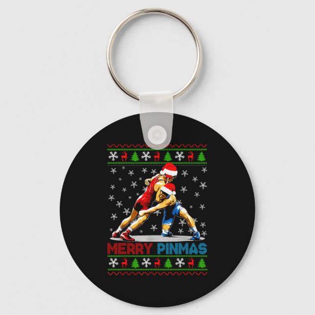 Merry Nmas Ugly Christmas Santa Claus Wrestling Bo Key Ring (Front)