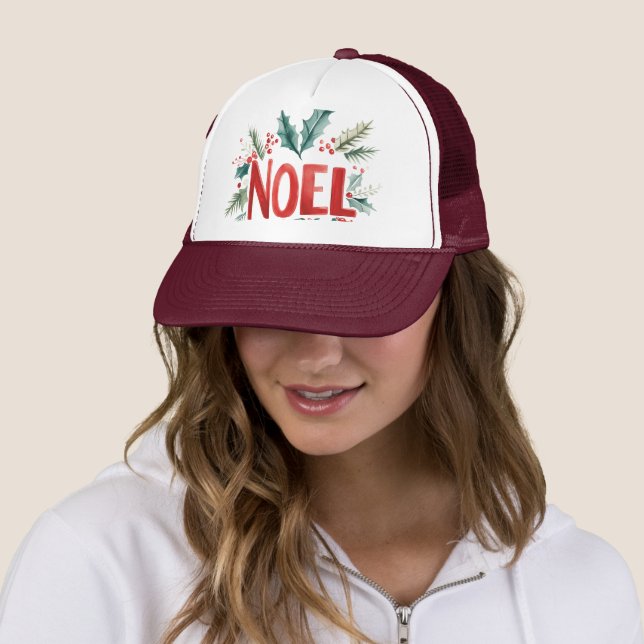 Merry Noel Holiday Holly Mistletoe Trucker Hat (In Situ)