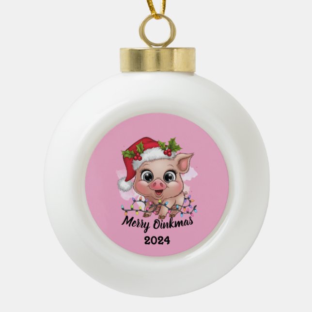 Merry Oinkmas Ceramic Ball Christmas Ornament (Front)