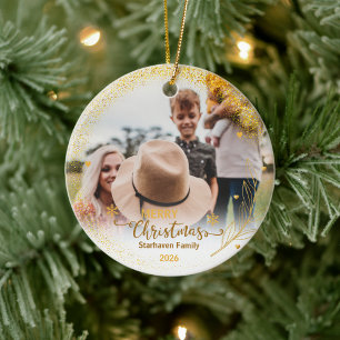 Merry Ornaments Photo Family Name and Year Gold