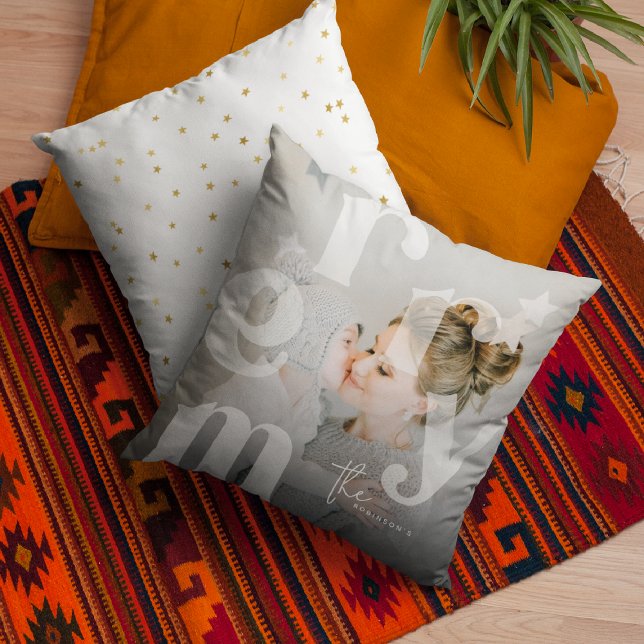 MERRY Overlay Typography' Photo Christmas Cushion (Creator Uploaded)