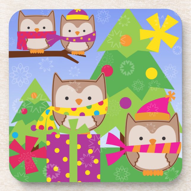 Merry Owls Christmas Coasters (Front)