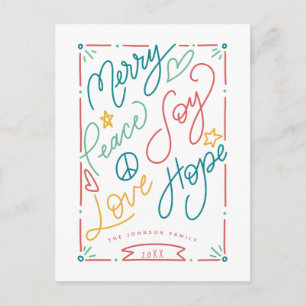 Merry Peace Joy Love Hope Handdrawn Bright Holiday Postcard