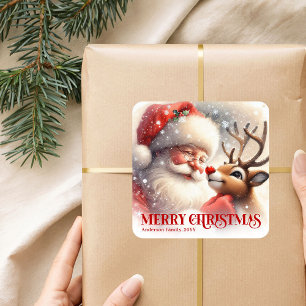 Merry Personalized Santa and Rudolph Christmas   Square Sticker