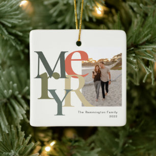 Merry Photo Christmas Teal Orange Ceramic Ornament