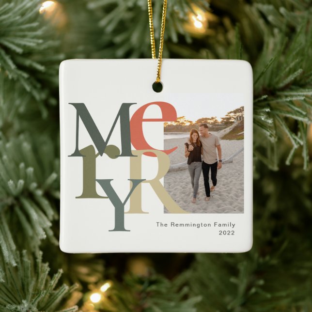 Merry Photo Christmas Teal Orange Ceramic Ornament (Tree)
