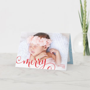 MERRY PHOTO family fun calligraphy overlay red Holiday Card