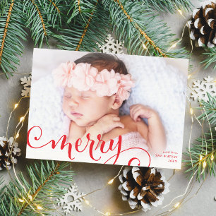 MERRY PHOTO family fun calligraphy overlay red Holiday Card