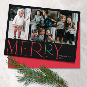 Merry Photo Simple Black Red Green Holiday Card