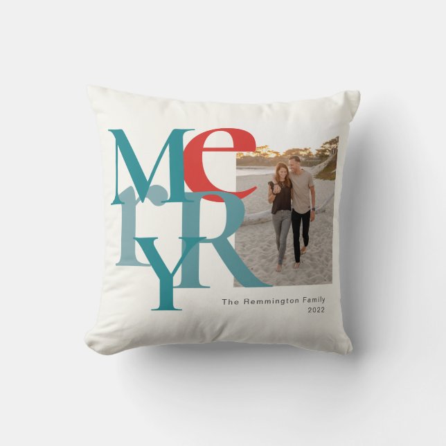 Merry Photo Simple Flat Teal Red Cushion (Front)