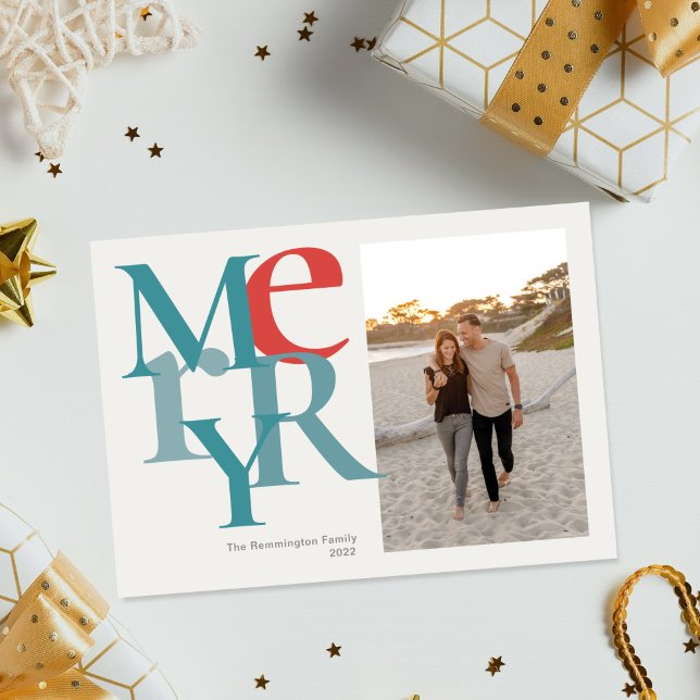 Merry Photo Simple Flat Teal Red Holiday Card (Creator Uploaded)