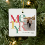 Merry Photo Simple Red Green Yellow Ceramic Ornament<br><div class="desc">These 2.75" x 2.75" Christmas holiday ornaments feature a placeholder for your favourite photo,  name and year. The letters in the word,  Merry are large and in different colours of red,  green and yellpw on an ivory background.

Made of white porcelain,  Full-colour,  full-bleed printing,  Printing on both sides.</div>