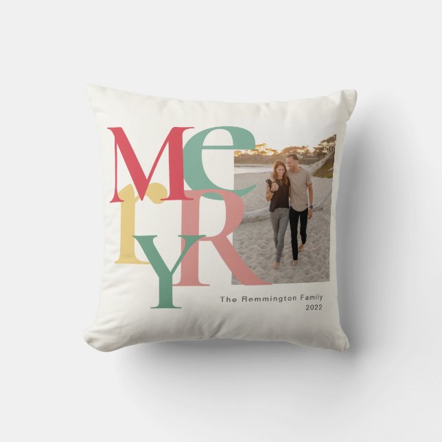 Merry Photo Simple Red Green Yellow Cushion (Front)