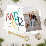 Merry Photo Vintage Bright Colourful Holiday Card<br><div class="desc">Celebrate 100 years in 2022 with this colourful vintage 1920's deco style, "Merry", 7' x 5" flat greeting cards with placeholders for your four (4) of your favourite photos, name and year. One photo is on the front 2:3 ratio, two on the back are square, the centre is 2:3 ratio....</div>