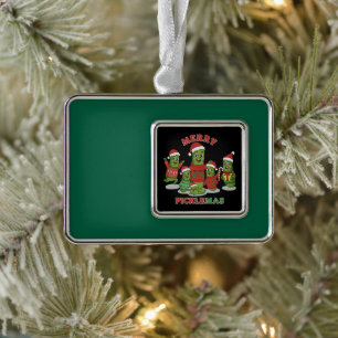 Merry Picklemas Funny Pickle Family Christmas Silver Plated Framed Ornament