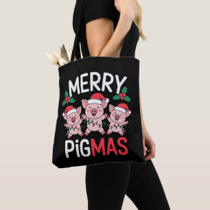Merry Pigmas Christmas Pig Santa Hat Holly Lights Tote Bag