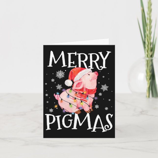 Merry Pigmas Funny Pig Christmas Lights Tree Xmas  Card (Front)