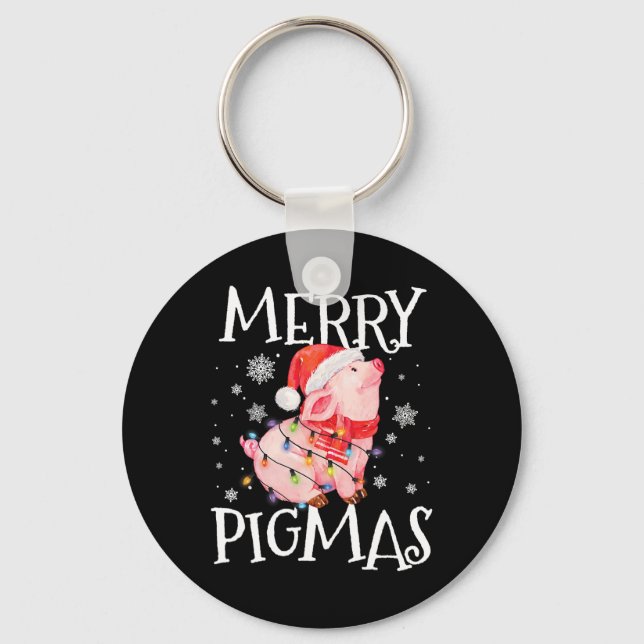 Merry Pigmas Funny Pig Christmas Lights Tree Xmas  Key Ring (Front)