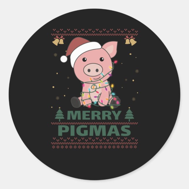 Merry Pigmas Funny Pig Christmas Pun Classic Round Sticker (Front)