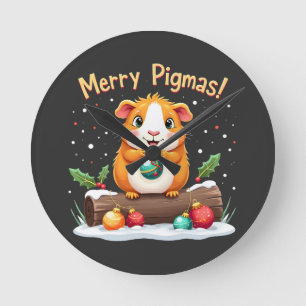 Merry Pigmas Guinea Pig Christmas Santa  Round Clock
