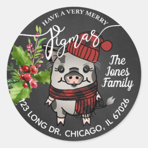 Merry Pigmas Red Buffalo Plaid Address Classic Round Sticker