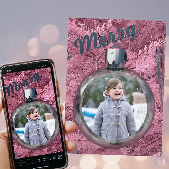 Merry Pink Bauble Christmas Holiday Photo Card (Dreaming of a pink Christmas? Just upload a family photo. Available as a digital download too)