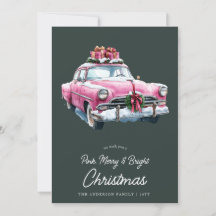 Merry Pink Christmas car retro watercolor