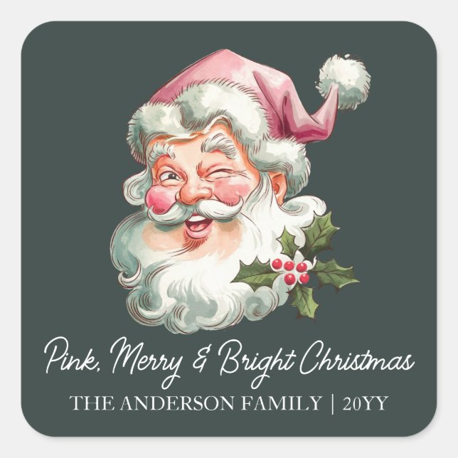 Merry Pink Christmas Santa retro watercolor Square Sticker (Front)
