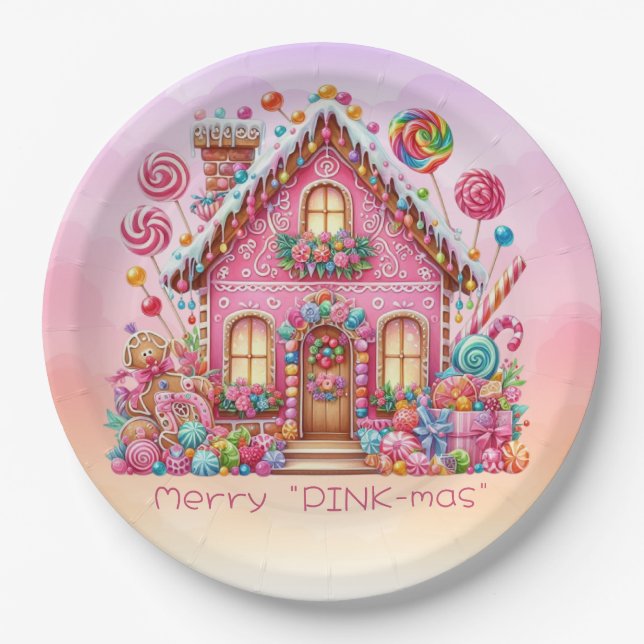 Merry "PINK-mas" Christmas Candy House Paper Plate (Front)
