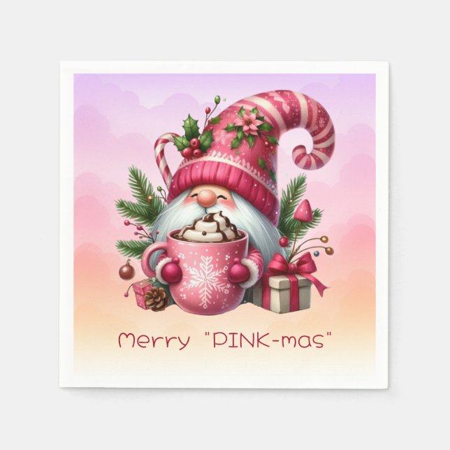 Merry "PINK-mas" Christmas Gnome Hot Chocolate Napkin (Front)