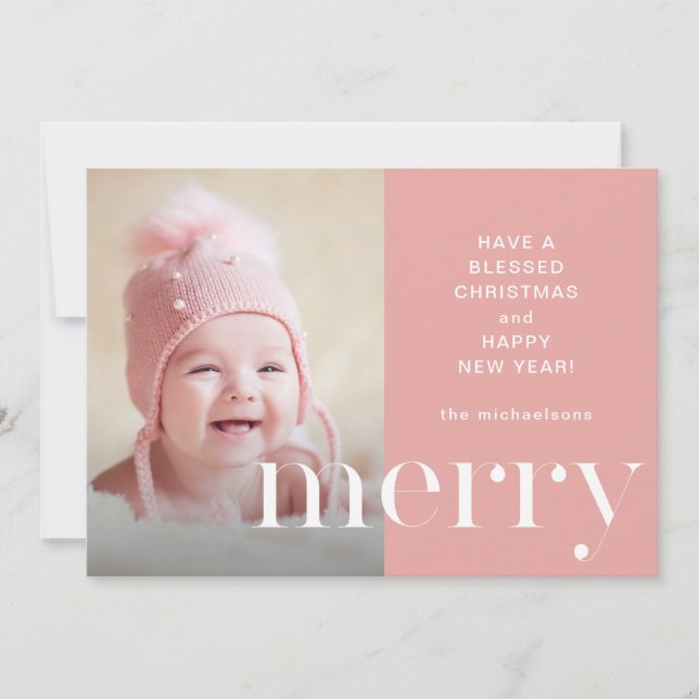 Merry Pink Photo Christmas Card Holiday Greeting (Front)