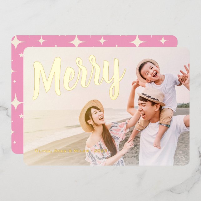 Merry Pink Retro Sparkle Gold Metallic Foil Holiday Card (Front/Back)
