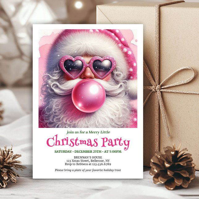 Merry pink santa bubble gum watercolor Christmas  Invitation (Merry pink santa bubble gum watercolor Christmas invite)