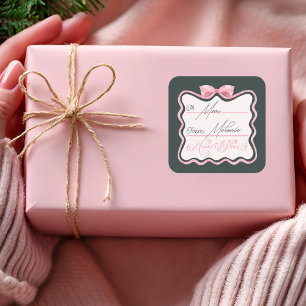 Merry & Pink Wavy Retro Pink Ribbon & Bow To From Square Sticker