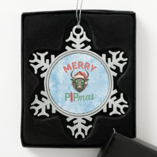 Merry PIPmas Trading Bull Christmas Design – Funny Snowflake Pewter Christmas Ornament