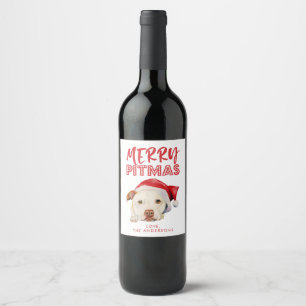 Merry Pitmas Cute Santa Pit Bull Dog Christmas Wine Label