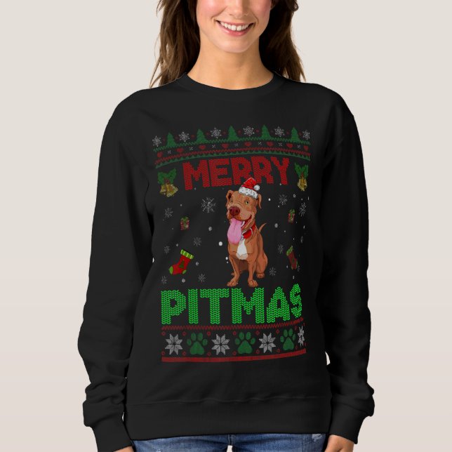 Merry Pitmas Funny Pit Bull Christmas Sweater Tee (Front)