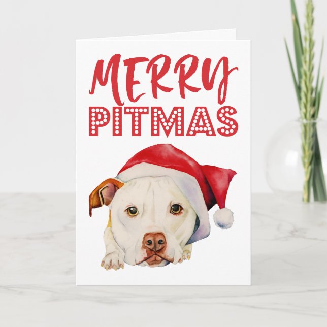 Merry Pitmas | Funny Santa Pit Bull Dog Holiday Card (Front)