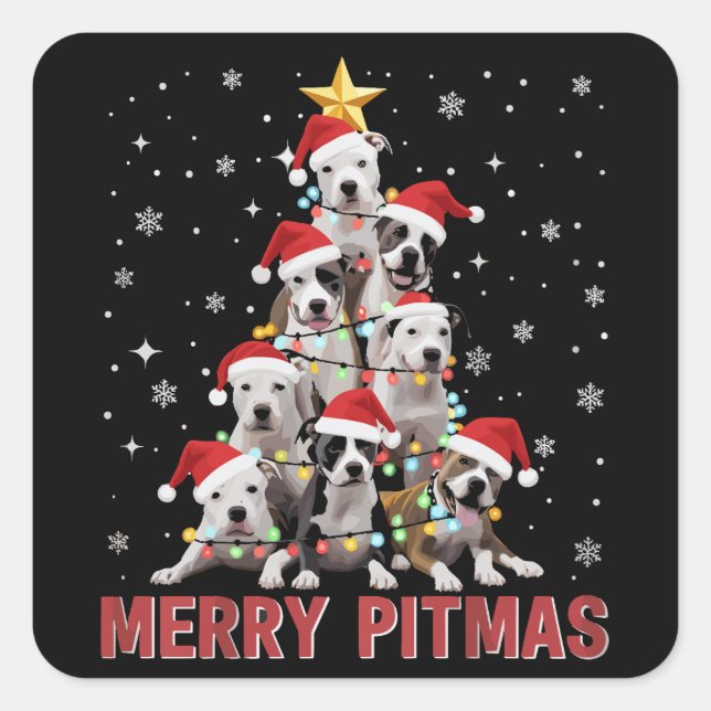 Merry Pitmas Pitbull Dog Tree Ugly Christmas Square Sticker (Front)