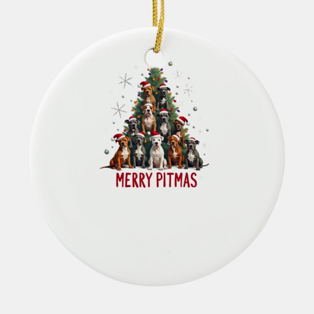 Merry Pitmas Pitbull Dog Ugly Christmas Sweater Tr Ceramic Tree Decoration (Front)