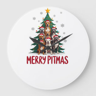 Merry Pitmas Pitbull Dog Ugly Christmas Sweater Tr Large Clock