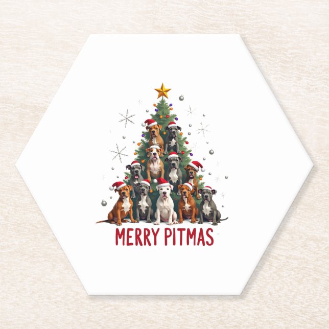 Merry Pitmas Pitbull Dog Ugly Christmas Sweater Tr Paper Coaster (Front)