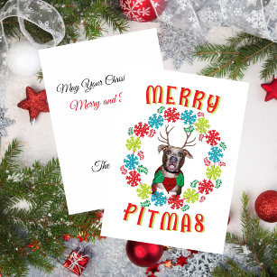 Merry Pitmas Pitbull Reindeer Holiday Card