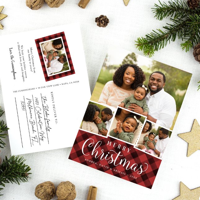 Merry Plaid Holiday Photo Collage Postcard (Creator Uploaded)