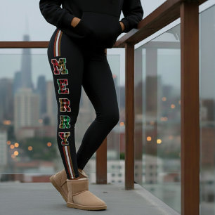 Merry Plaid & Leopard Print Side Stripe Christmas Leggings