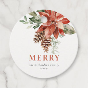 Merry Poinsettia Bunch Watercolor Pine Christmas Favour Tags
