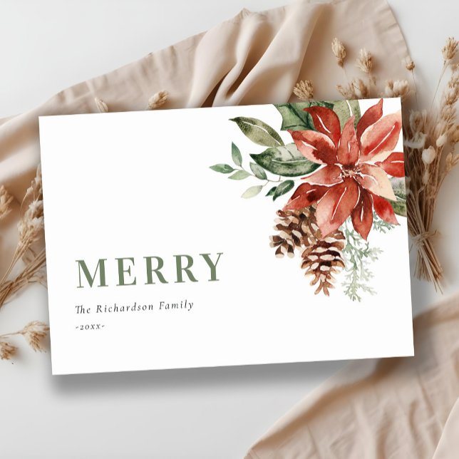 Merry Poinsettia Bunch Watercolor Pine Christmas Holiday Card (Creator Uploaded)