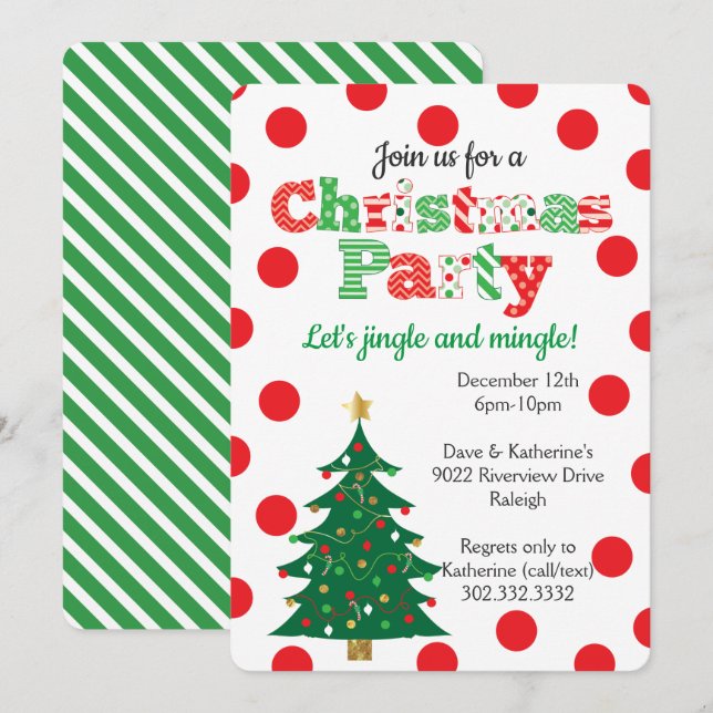 Merry Polka Dot Christmas Tree Party Invitation (Front/Back)
