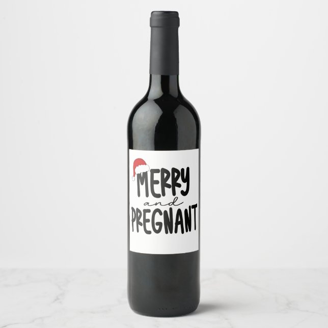Merry & Pregnant Pregnancy Announcement Santa Hat Wine Label (Front)